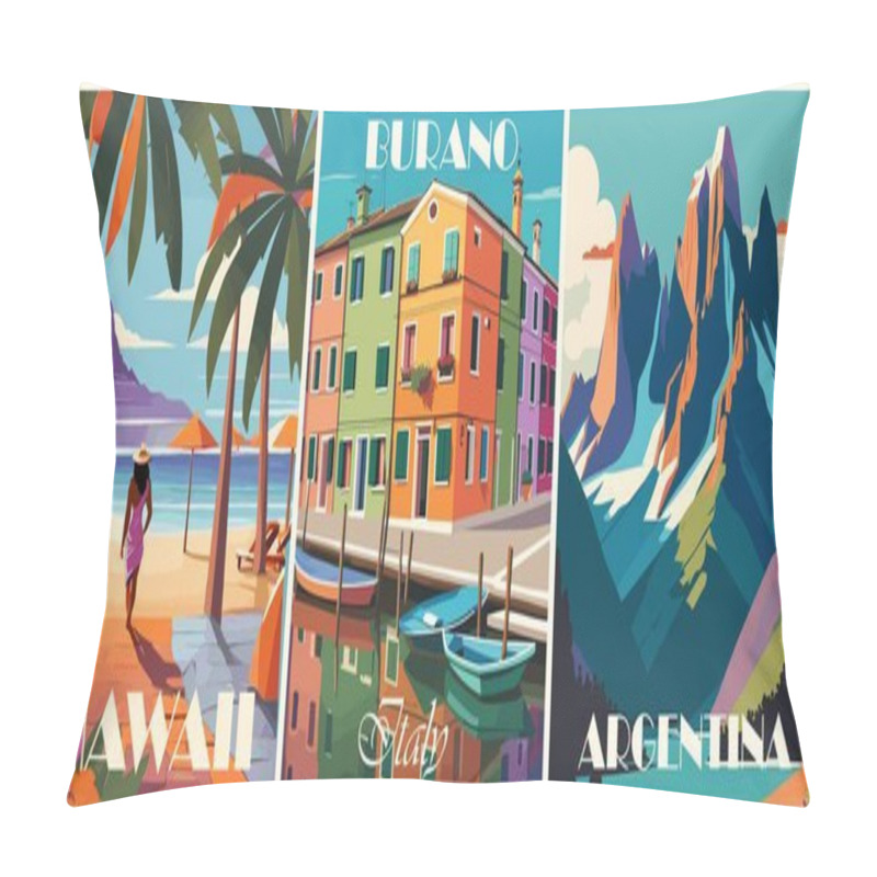 Personality  Travel Destination Posters Set In Retro Style, Argentina, Burano, Italy, Hawaii Landscape Prints. Vector Illustration In Bold Vivid Colors. Pillow Covers