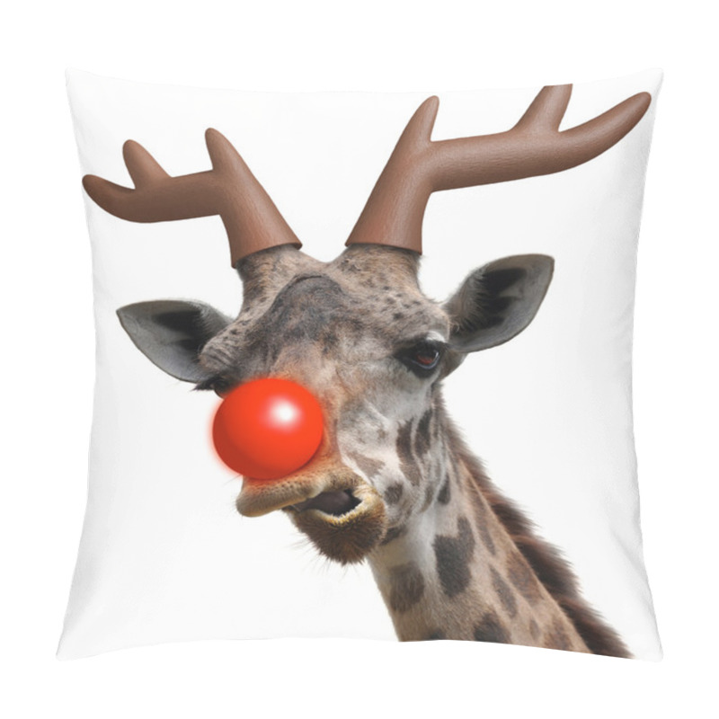 Personality  Funny Giraffe Face Dressed As Santa Claus Red Nosed Reindeer For Christmas Pillow Covers