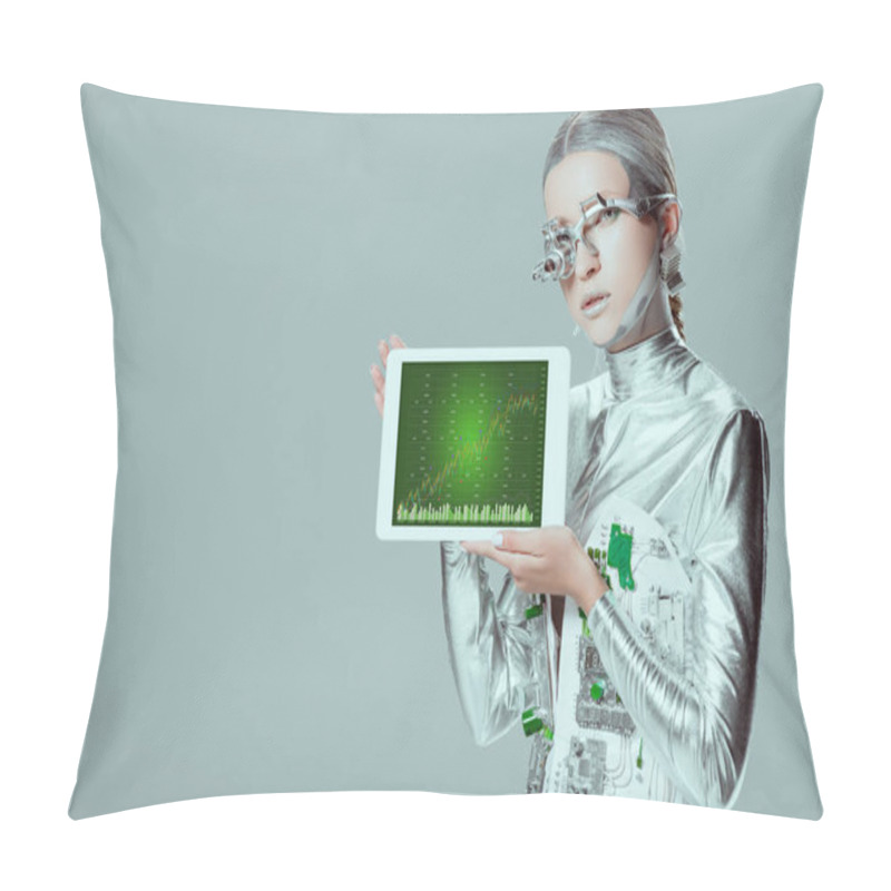 Personality  Silver Robot Holding Tablet With Chart Appliance Isolated On Grey, Future Technology Concept Pillow Covers