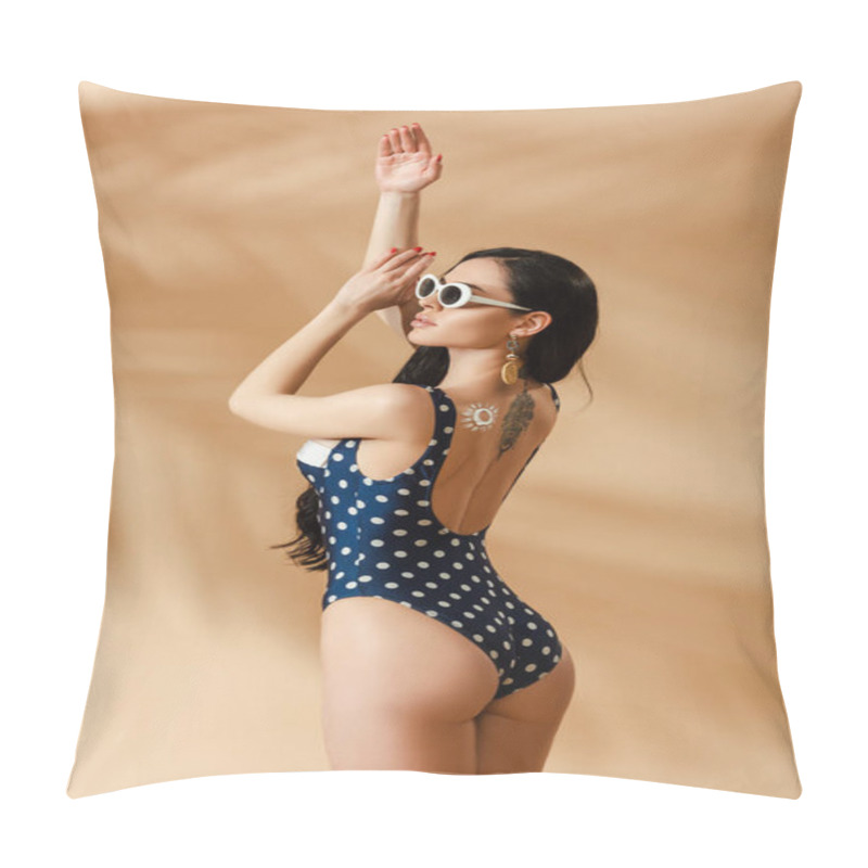 Personality  Sexy Brunette Woman In Polka Dot Swimsuit And Sunglasses Posing On Beige Background Pillow Covers