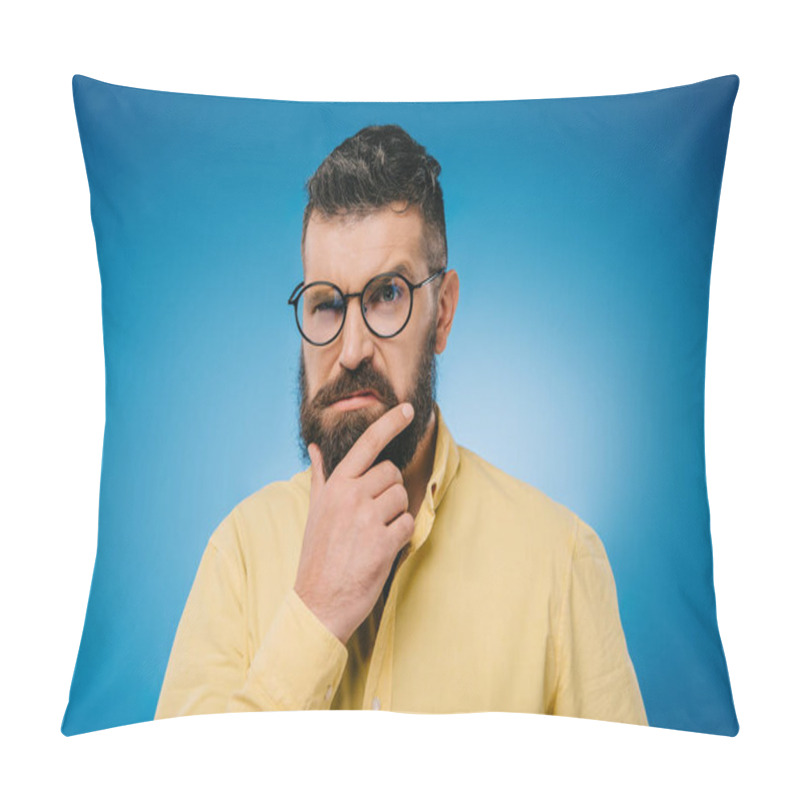 Personality  Suspicious Bearded Man In Glasses Isolated On Blue Pillow Covers