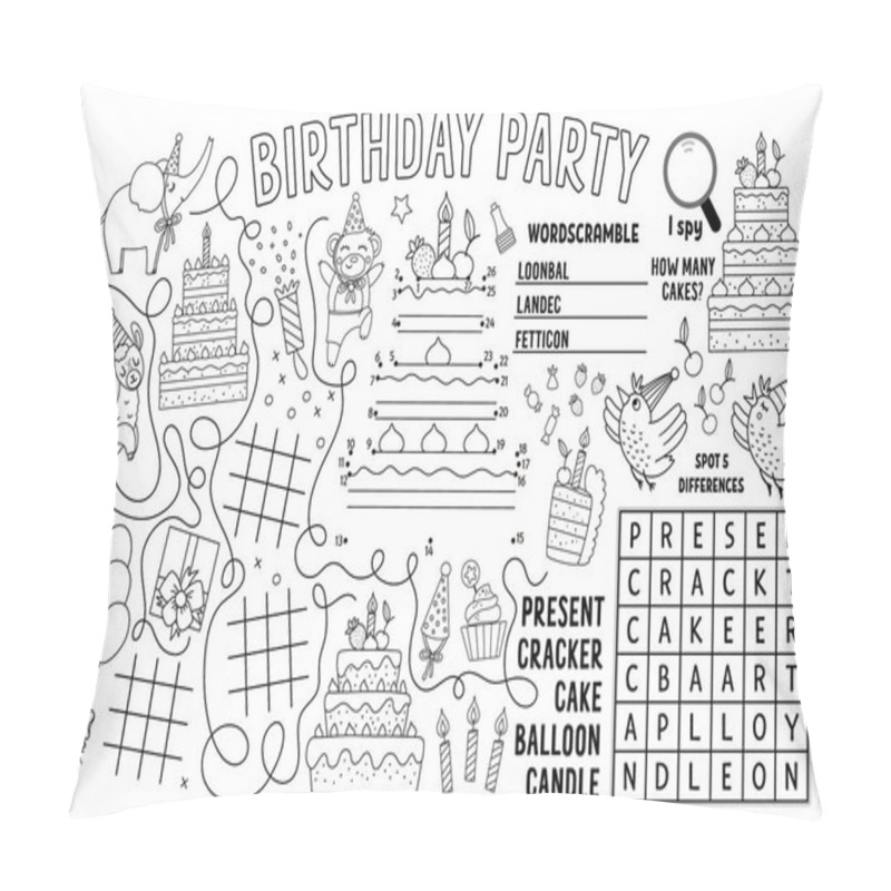 Personality  Vector Happy Birthday Placemat For Kids. Holiday Party Printable Activity Mat With Maze, Tic Tac Toe Charts, Connect The Dots, Find Difference. Black And White Play Mat Or Coloring Pag Pillow Covers