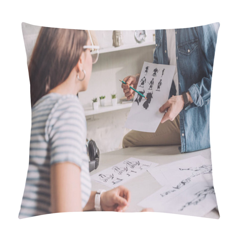 Personality  Cropped View Of Illustrator Holding Cartoon Sketches Near Woman  Pillow Covers