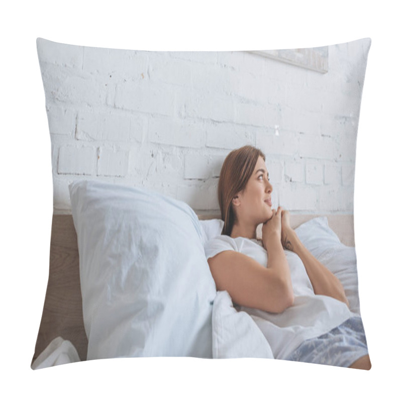 Personality  Young Smiling Woman Dreaming While Lying On Bed  Pillow Covers