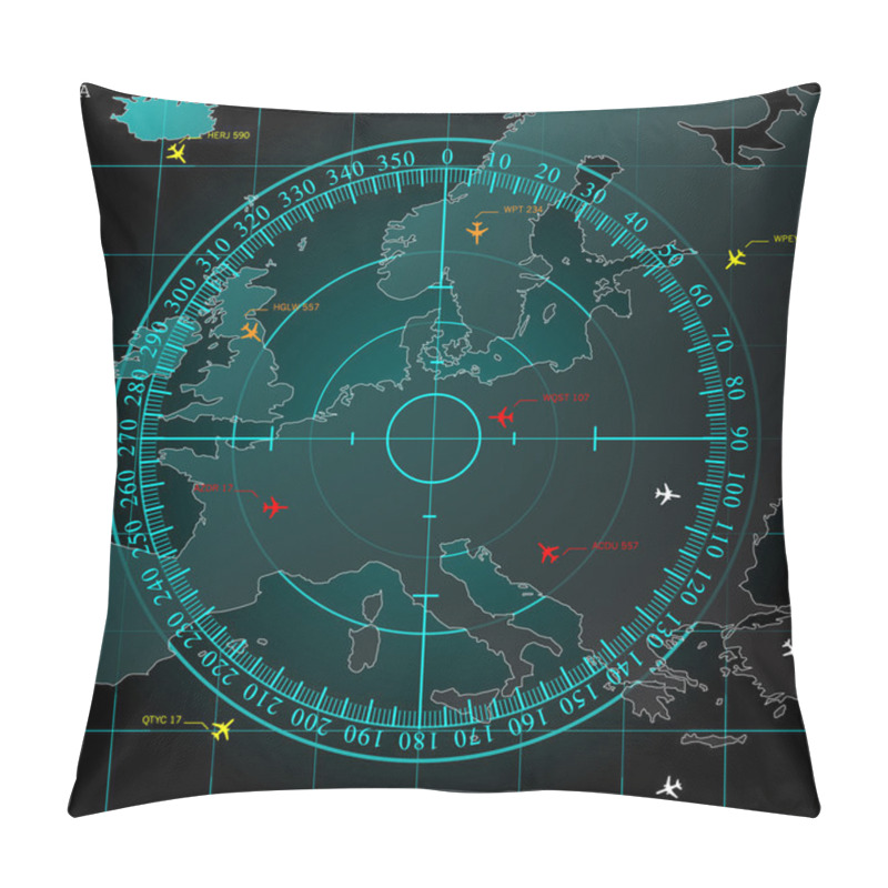 Personality  Blue Radar Screen Over Square Grid Lines, And Map Of Europe Territory With Smooth Light Beneath, Vector Pillow Covers