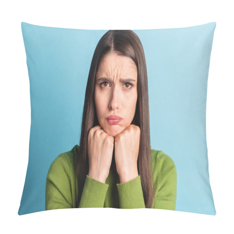 Personality  Portrait Of Attractive Moody Offended Girl Blowing Lips Fail Isolated Over Bright Blue Color Background Pillow Covers