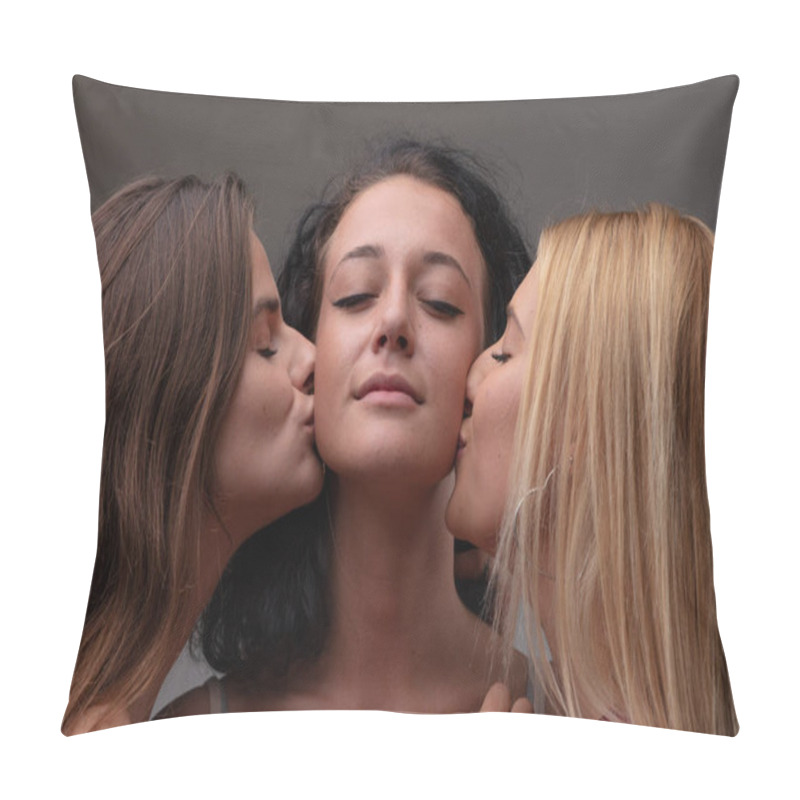 Personality  Serene Contented Young Woman Being Kissed Tenderly On Both Cheeks By Two Of Her Girl Friends In A Close Up Symmetrical Head And Shoulders Portrait Against A Grey Studio Background Pillow Covers