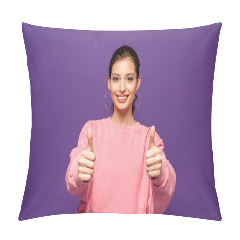 Personality  Attractive Girl Smiling At Camera While Showing Thumbs Up Isolated On Purple Pillow Covers