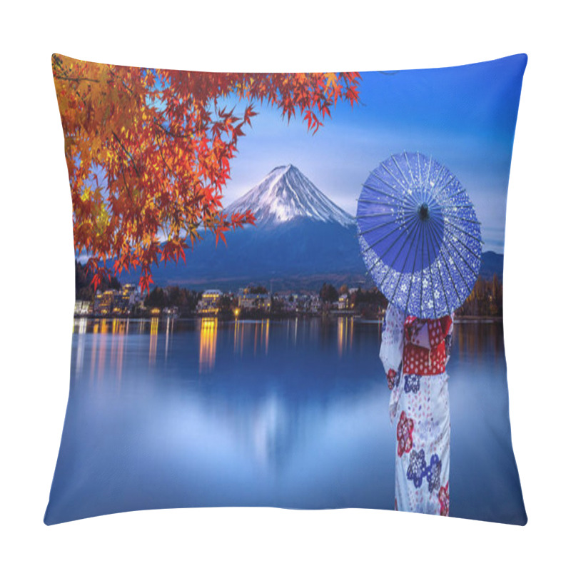 Personality  Asian Woman Wearing Japanese Traditional Kimono At Fuji Mountain In Autumn, Kawaguchiko Lake In Japan. Pillow Covers