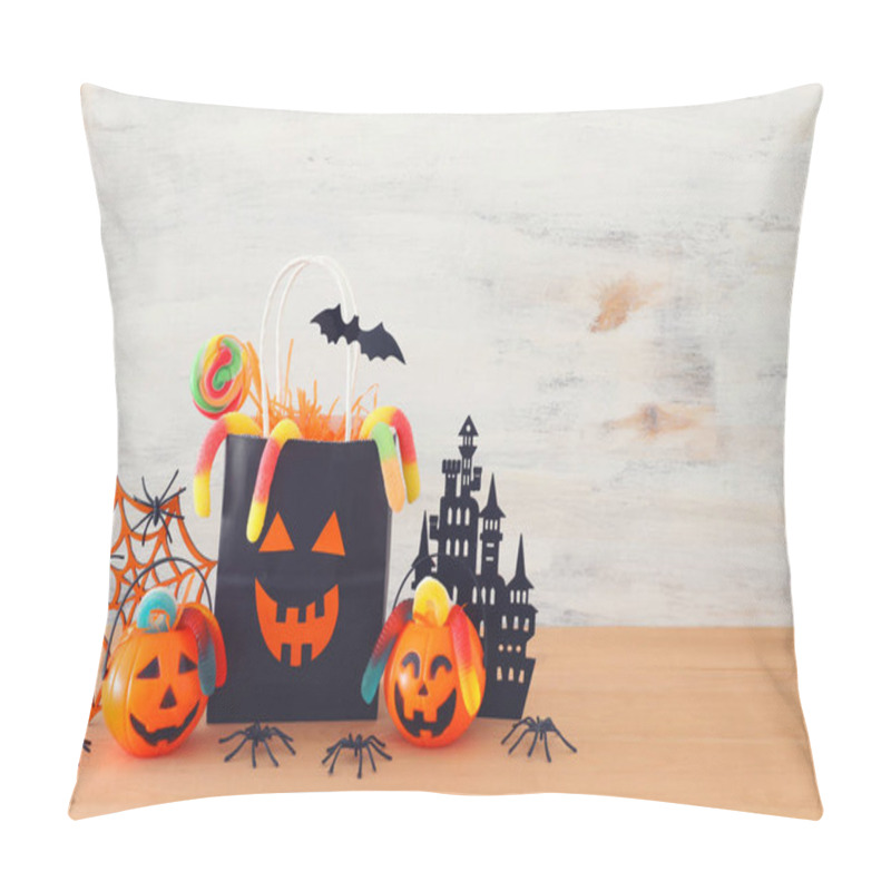 Personality  Holidays Image Of Halloween. Pumpkins, Bats, Treats, Paper Gift Bag Over Wooden Table Pillow Covers