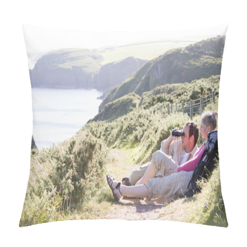 Personality  Couple On Cliffside Outdoors Using Binoculars And Smiling Pillow Covers