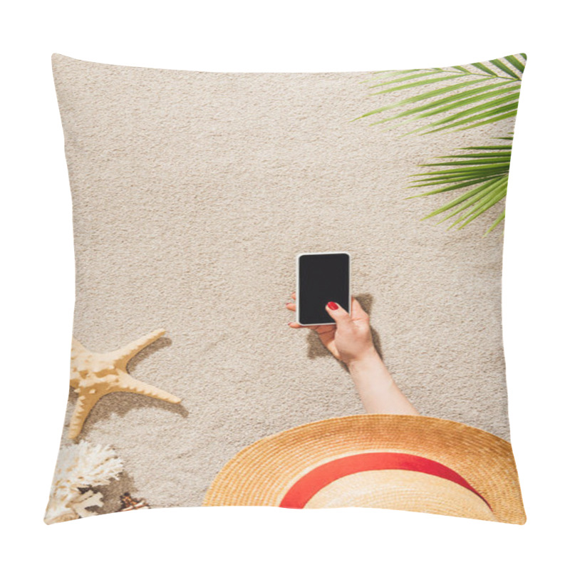 Personality  Cropped Shot Of Woman In Hat Using Smartphone While Lying On Sandy Beach Pillow Covers