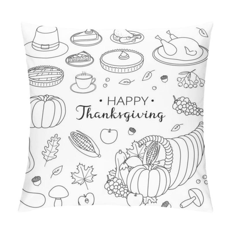 Personality  Hand Drawn Outline Items For Thanksgiving Day Celebration Isolated On White Background. Pillow Covers