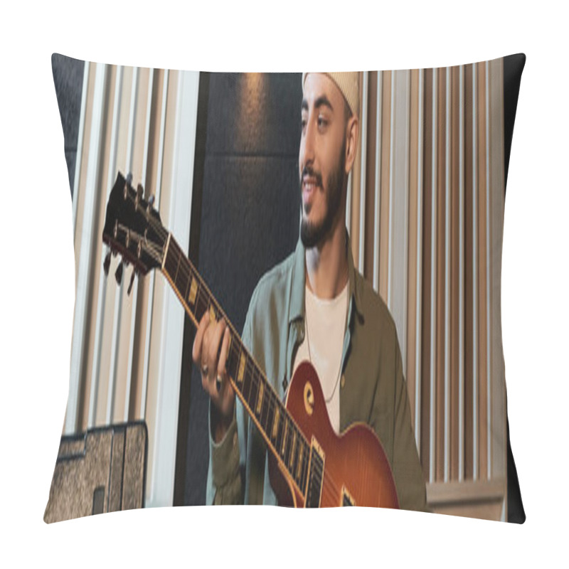 Personality  A Man In A Hat Passionately Plays An Electric Guitar During A Music Band Rehearsal In A Recording Studio. Pillow Covers