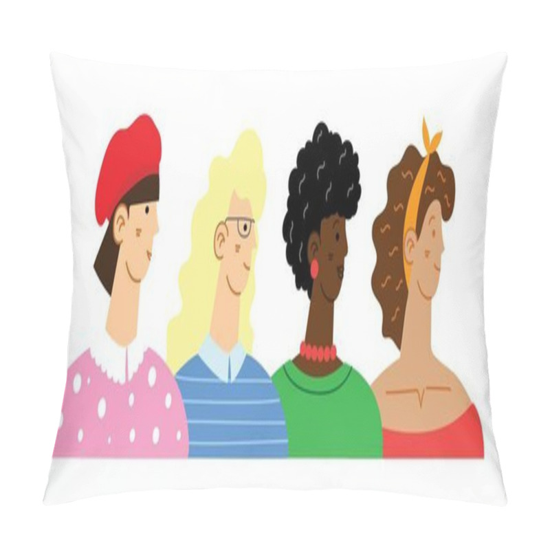 Personality  Diverse International And Interracial Group Of Standing Women. For Girls Power Concept, Feminine And Feminism Ideas. Vector Illustration In The Flat Style Pillow Covers