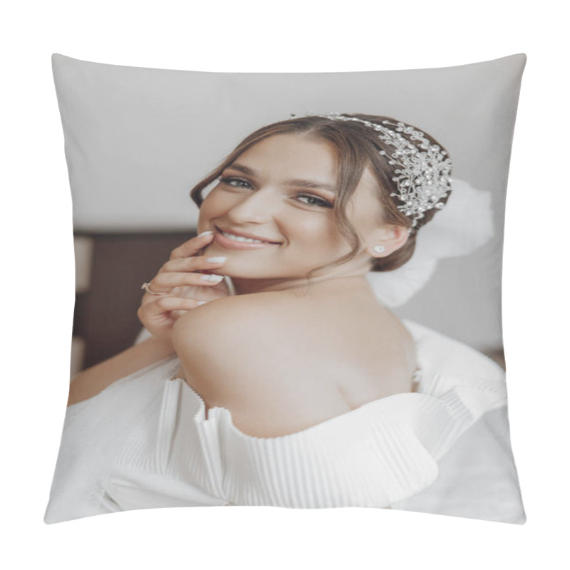 Personality  Beautiful Bride With A Fashionable Wedding Hairstyle, Wedding Nude Makeup. Close Up Portrait Of Young Gorgeous Bride, Posing In Room In The Wedding Morning. High Quality Photo Pillow Covers