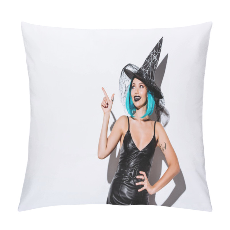 Personality  Smiling Girl In Black Witch Halloween Costume With Blue Hair Pointing With Finger On White Background Pillow Covers