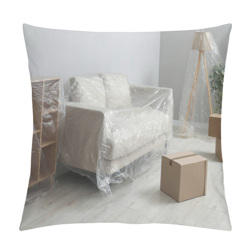 Personality  Modern Furniture, Houseplant Covered With Plastic Film And Boxes Near Light Grey Wall Indoors Pillow Covers