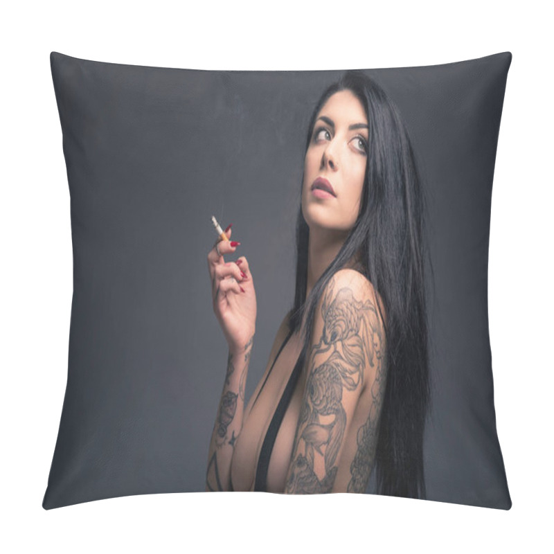 Personality  Close Up Portrait Of Beautiful Woman With Tattoo Smoking, Wearin Pillow Covers