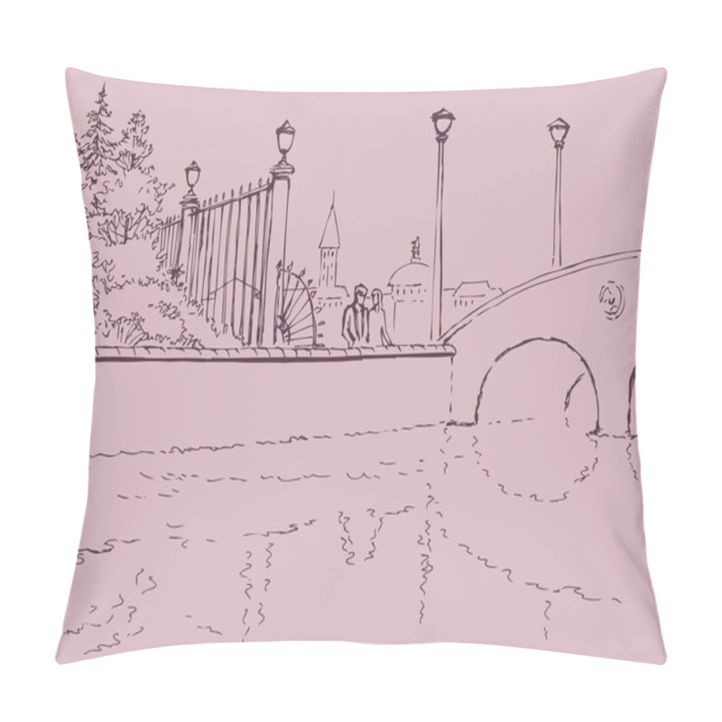 Personality  Vector Cityscape. Young Couple Talking On The Waterfront Pillow Covers