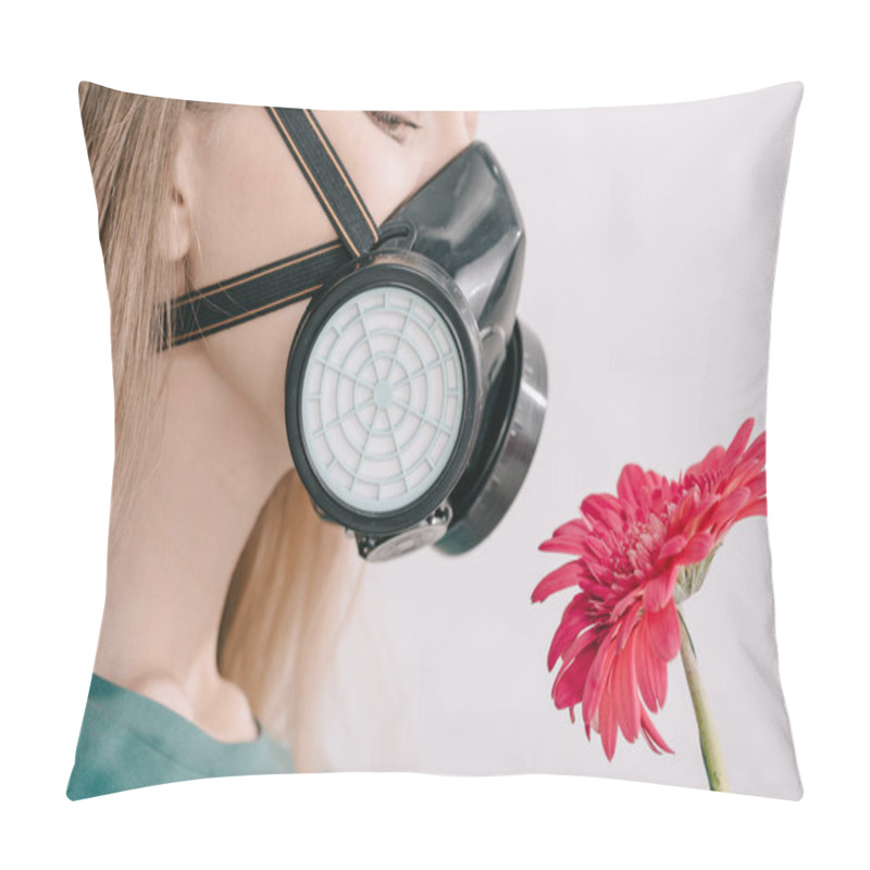 Personality  Blonde Girl With Pollen Allergy Wearing Respiratory Mask And Looking At Pink Gerbera Flower  Pillow Covers