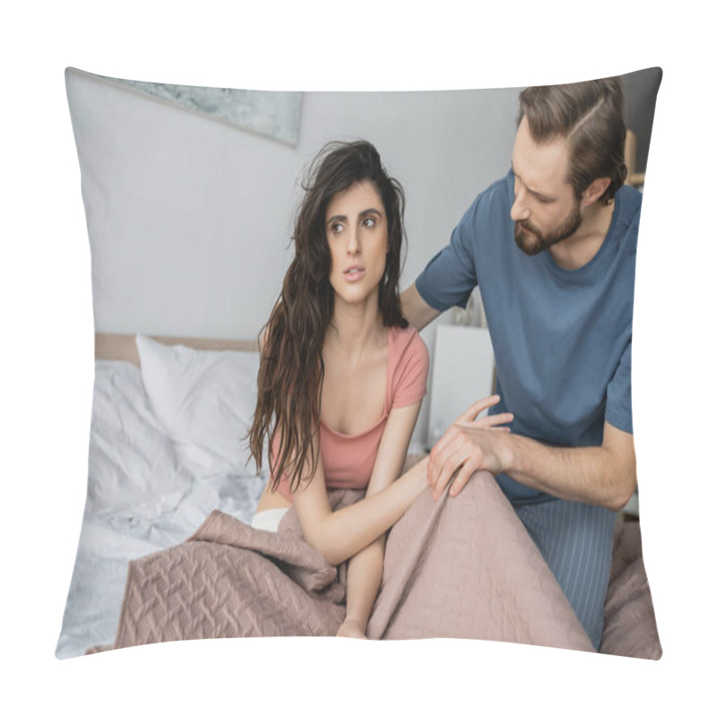 Personality  Asexual Brunette Woman Sitting Near Bearded Boyfriend On Bed At Home  Pillow Covers