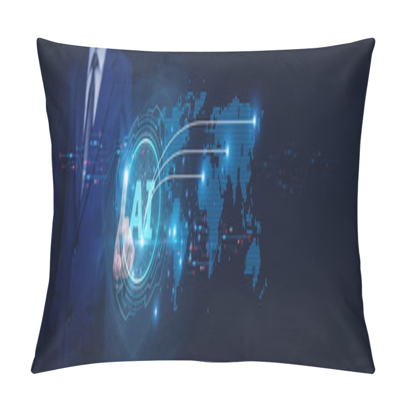 Personality  Businessman Using AI Technology For Logistic Management Improves Efficiency By Automating Route Planning And Optimizing Inventory Control, Leading To Faster Deliveries And Reduced Costs. Pillow Covers