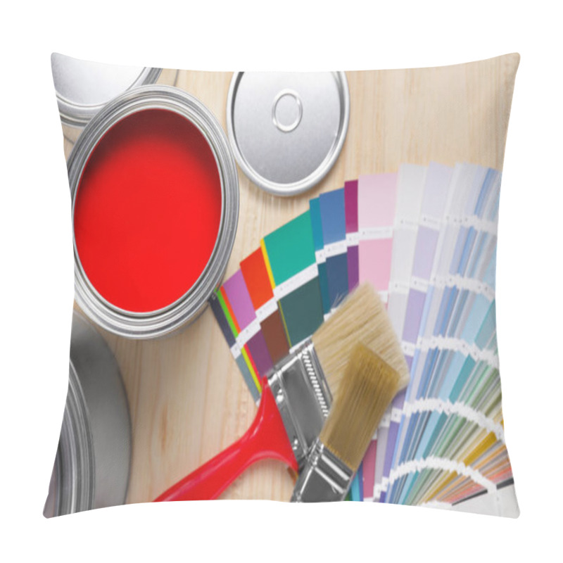 Personality  Can Of Red Paint, Closed Ones, Brushes And Palette On Wooden Table, Flat Lay Pillow Covers