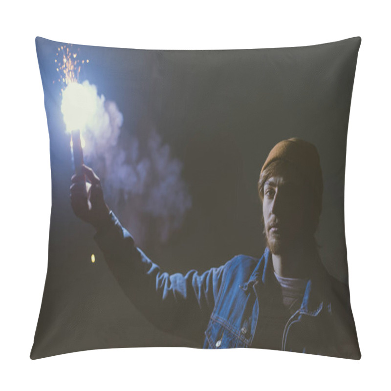 Personality  Man Holsing Smoke Bomb With Sparks At Night Pillow Covers