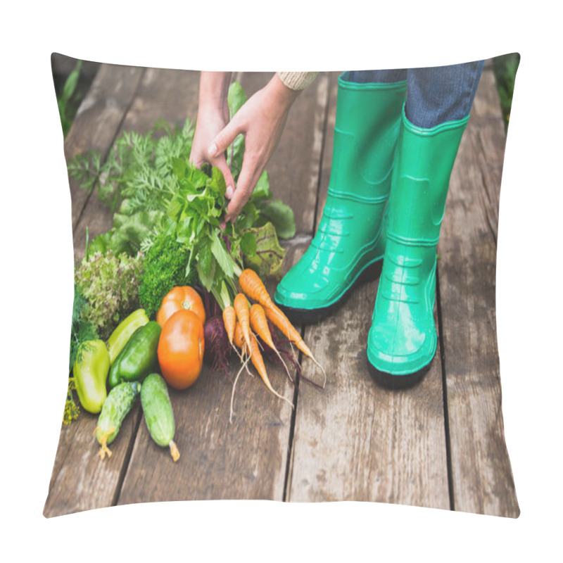 Personality  Woman In Rubber Boots In The Garden With Vegetables.  Pillow Covers