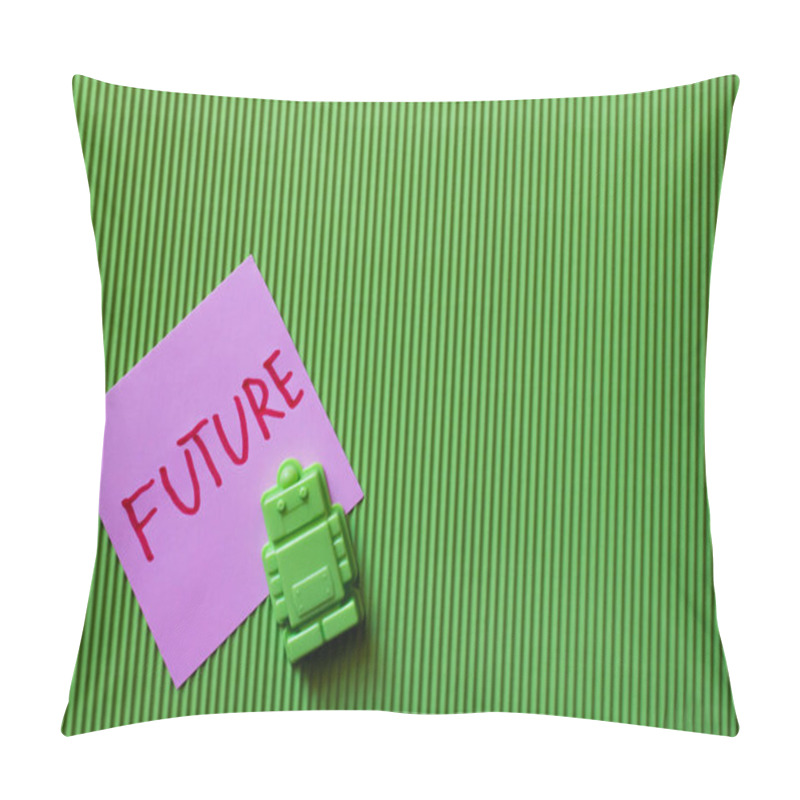 Personality  Top View Of Violet Paper With Future Lettering Near Toy Robot On Green Textured Background Pillow Covers