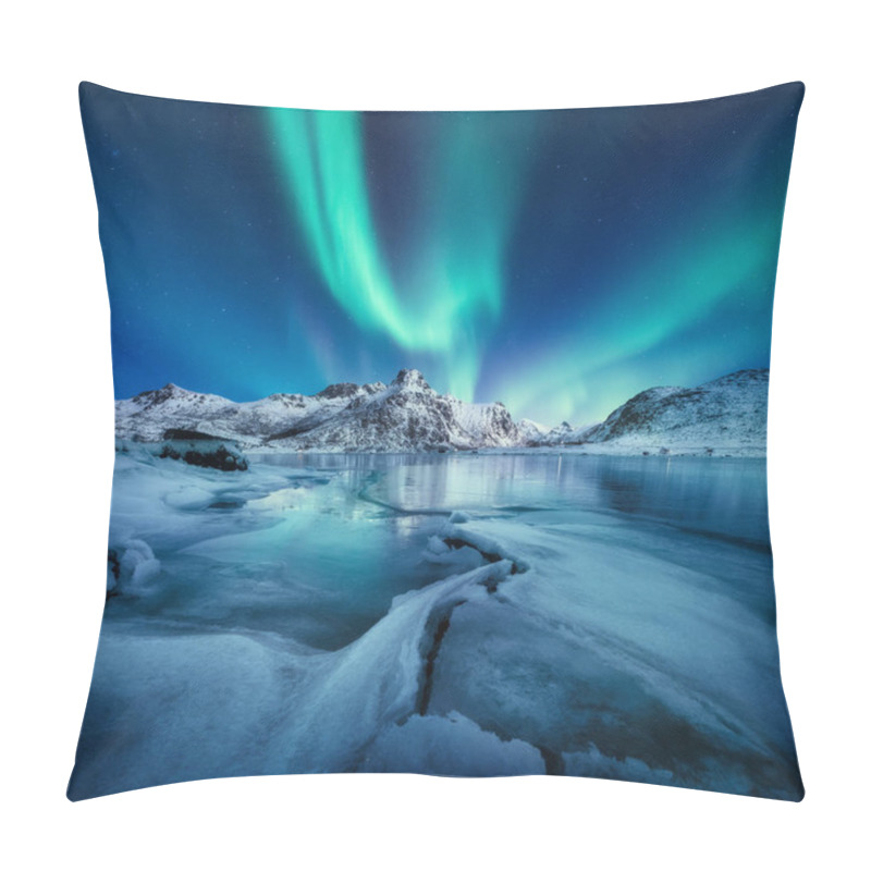 Personality  Aurora Borealis, Lofoten Islands, Norway. Nothen Light, Mountains And Frozen Ocean. Winter Landscape At The Night Time. Norway Travel - Image Pillow Covers