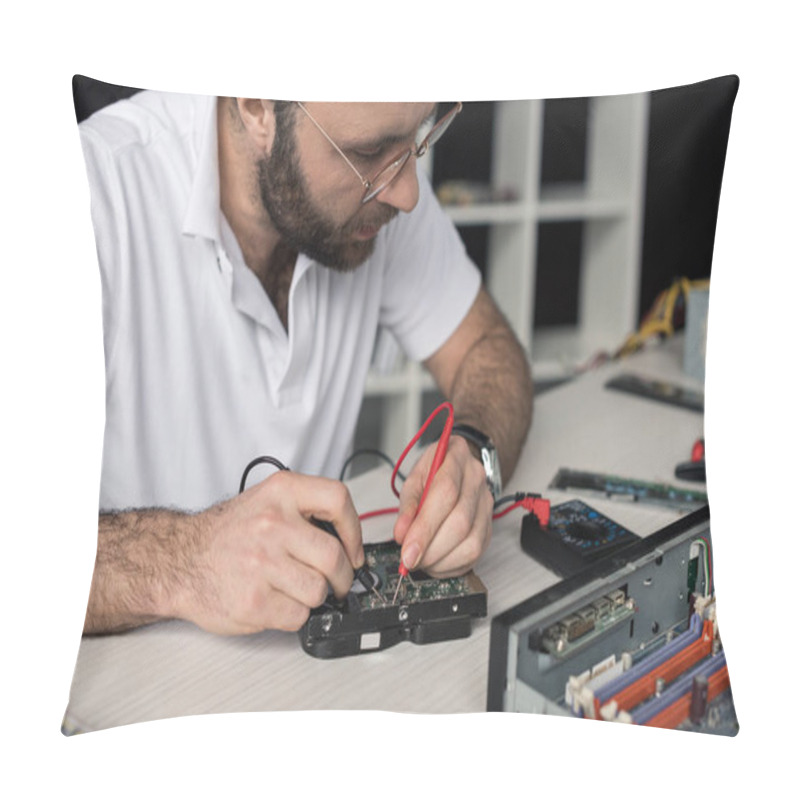 Personality  Repairman Using Multimeter While Testing Hard Disk Drive Pillow Covers