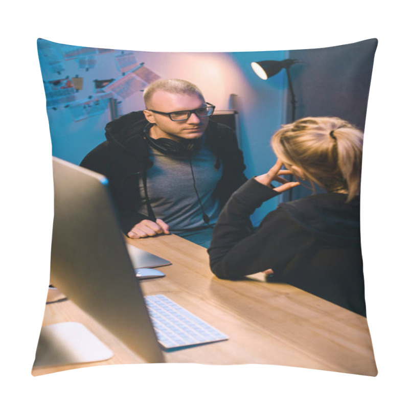 Personality  Couple Of Hackers Talking To Each Other At Workplace In Dark Room Pillow Covers