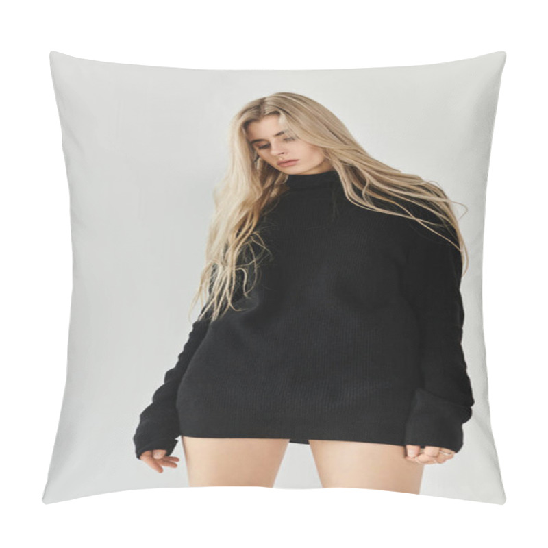 Personality  Young Woman With Long Blonde Hair Poses Confidently In A Minimalist Studio Environment. Pillow Covers