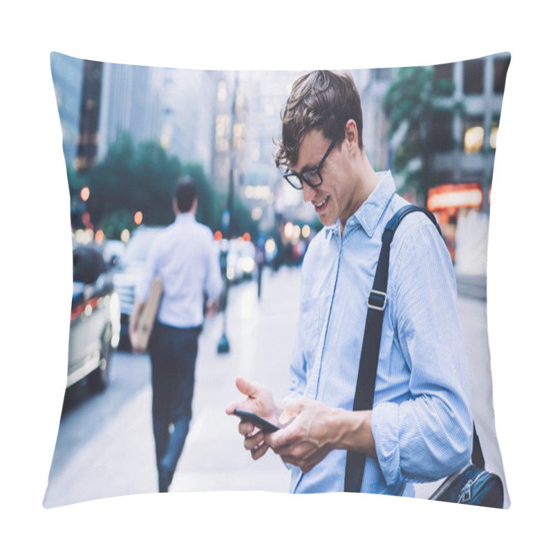 Personality  Side View Of Happy Successful Male Entrepreneur Reading Positive Sms Text While Chatting With Friend Via Cellphone Application, Cheerful Businessman Formally Dressed Enjoying Online Communication Pillow Covers