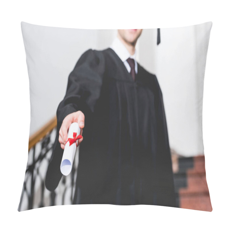 Personality  Selective Focus Of Diploma In Hand Of Happy Student In University  Pillow Covers