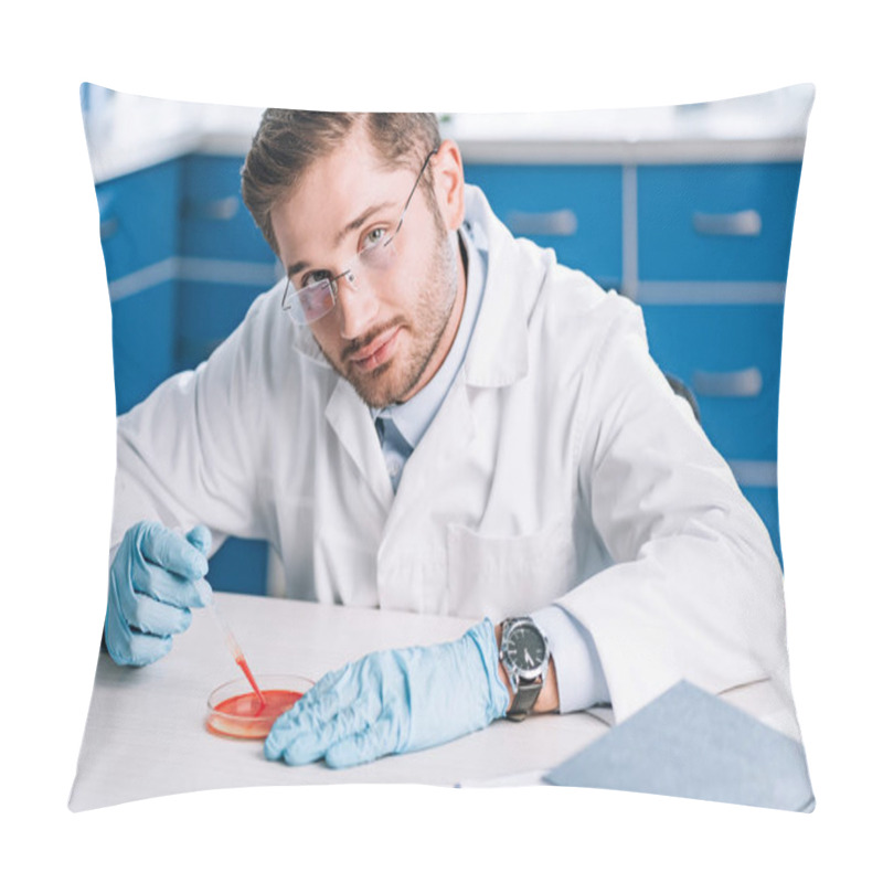 Personality  Handsome Immunologist Holding Pipette With Red Liquid In Lab  Pillow Covers