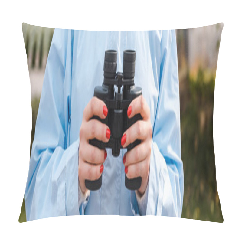 Personality  Panoramic Shot Of Woman Holding Binoculars  Pillow Covers