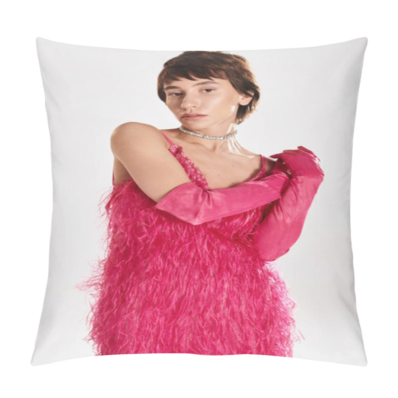 Personality  Stylish Young Woman Strikes A Pose In A Vibrant Pink Feather Dress. Pillow Covers