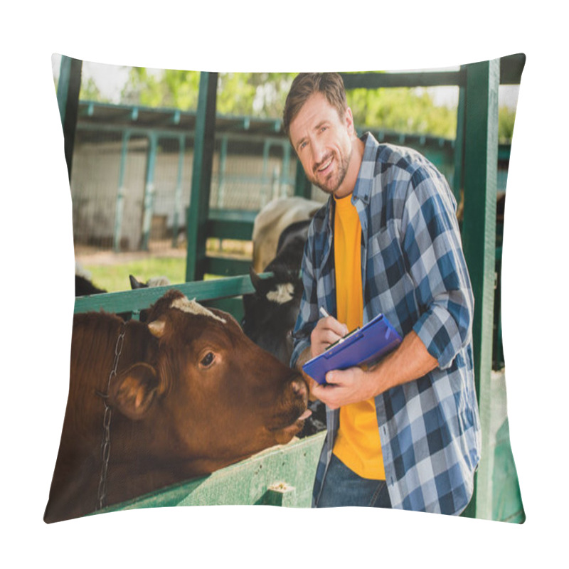 Personality  Rancher In Checkered Shirt Looking At Camera While Writing On Clipboard Near Cow Pillow Covers