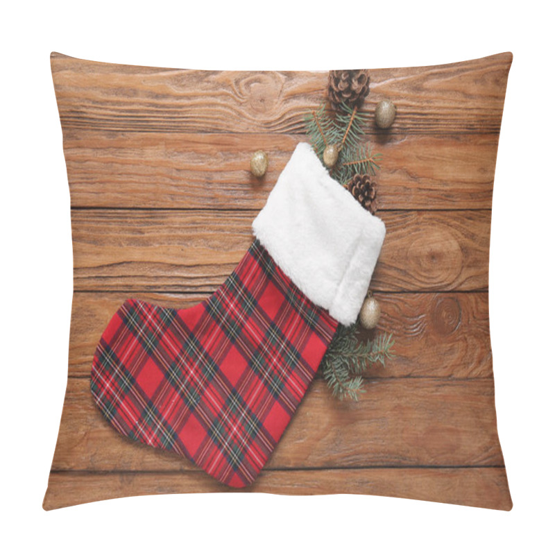 Personality  Christmas Sock With Fir Branches, Balls And Cones On Wooden Background Pillow Covers