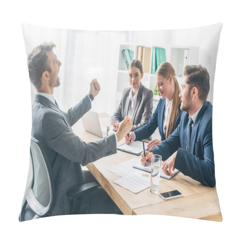 Personality  Side View Of Smiling Employee Showing Yeah Gesture Near Recruiters At Table Pillow Covers