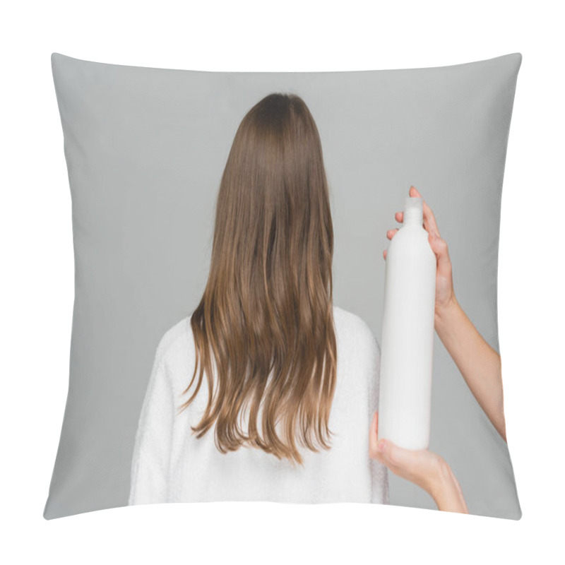 Personality  Professional Hair Stylist Holding Bottle With Hair Conditioner Near Young Woman Isolated On Grey Pillow Covers