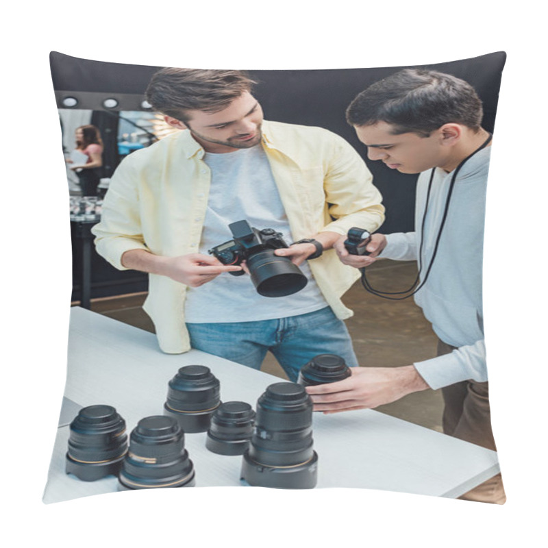 Personality  Handsome Art Director Standing Near Photographer And Holding Photo Lens  Pillow Covers