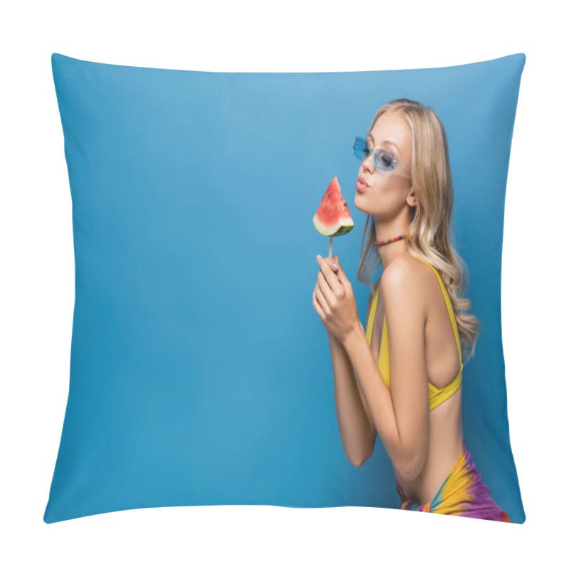 Personality  Young Woman In Sunglasses Pouting Lips While Holding Popsicle Stick With Watermelon Isolated On Blue Pillow Covers