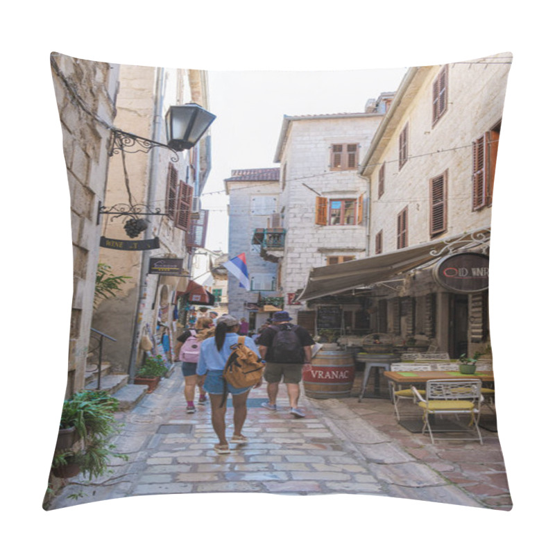 Personality  Kotor Montenegro 24 September 2024,Strolling Through The Picturesque Narrow Streets Of Kotor, Visitors Marvel At The Historic Architecture, Vibrant Shops, And Cozy Cafes Pillow Covers