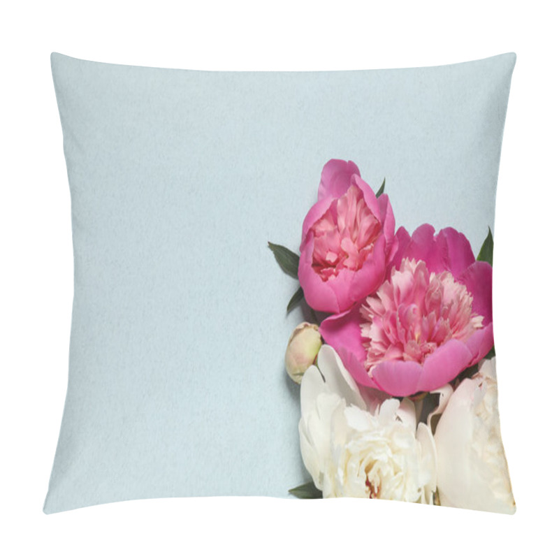 Personality  Beautiful Fresh Peonies And Leaves On Light Blue Background, Flat Lay. Space For Text Pillow Covers