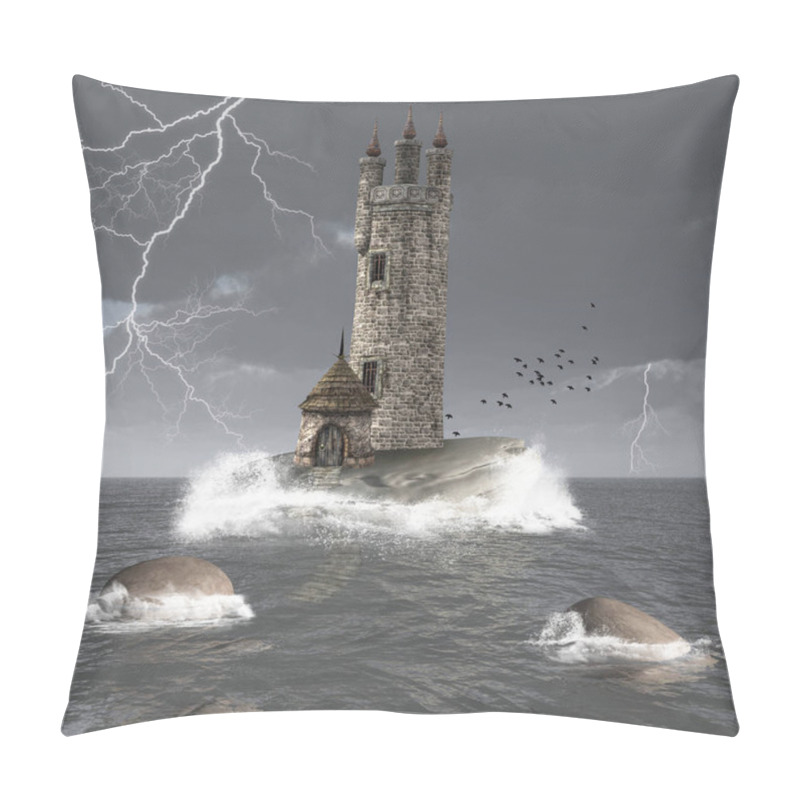 Personality  Unconquerable Tower In The Middle Of The Ocean  3D Illustration Pillow Covers