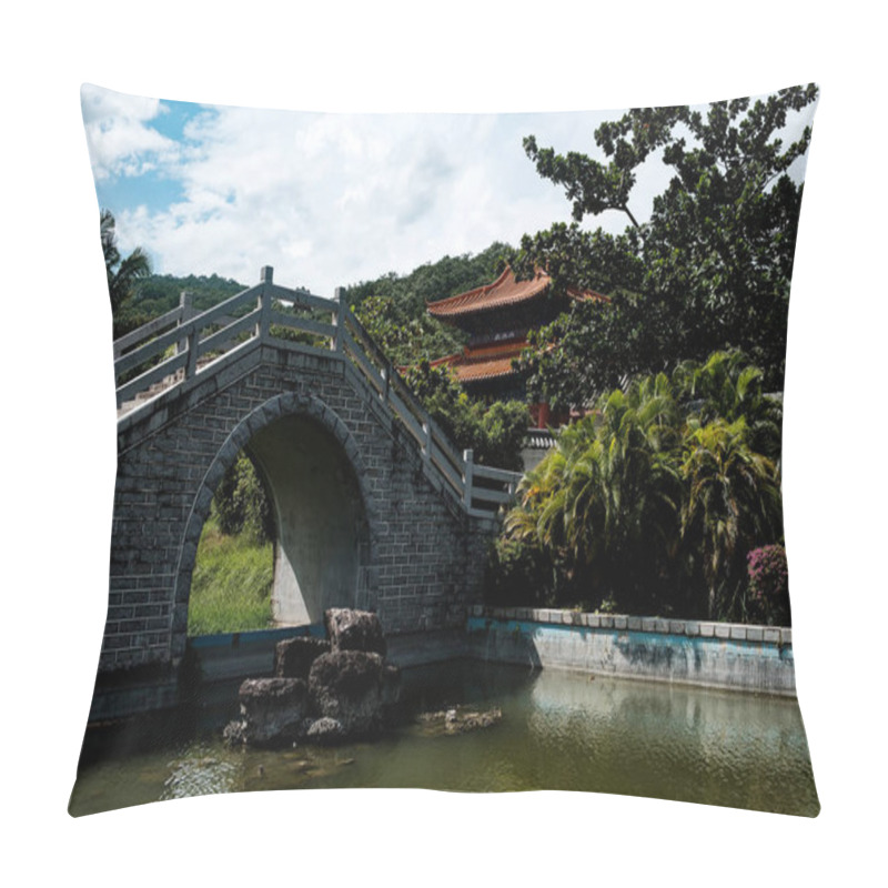 Personality  Traditional Asian Building And Bridge, China, Hainan Pillow Covers